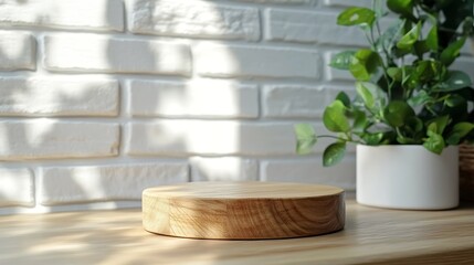 Aufkleber - Empty wooden pedestal on kitchen table before white brick wall : Generative AI