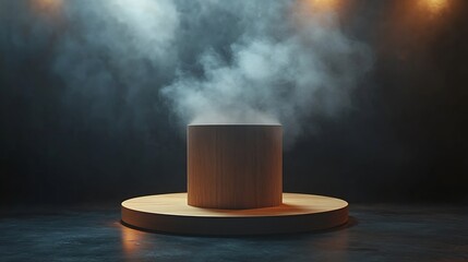 Leinwandbilder - The empty wooden cylinder shape of product display Podium Stand for showing or design blank backdrop dark abstract wall with smoke float up Platform illuminated by spotlights : Generative AI