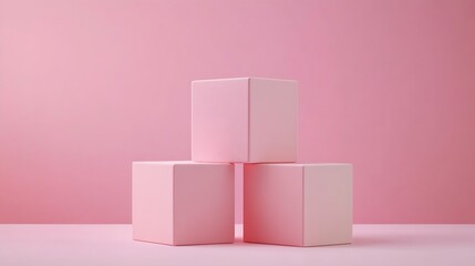 Poster - Awarding podium made of three 3d pastel square shapes of different sized against blank pink background for copy space : Generative AI