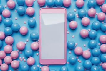 Poster - Blue balls background with pink frame and white screen for text, top view. The design is minimalistic and simple. It features an empty blank horizontal billboard in the center of composition
