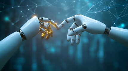 Aufkleber - AI Machine learning Hands of robot and human touching on big data network connection background Science and artificial intelligence technology innovation and futuristic : Generative AI