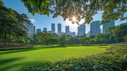 Poster - Public park and highrise buildings cityscape in metropolis city center  Green environment city and downtown business district in panoramic view : Generative AI