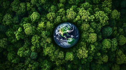 Aerial top view green forest with globe earth Green planet in your hands Save Earth Texture of forest view from above ecosystem and healthy environment Globe and forest : Generative AI