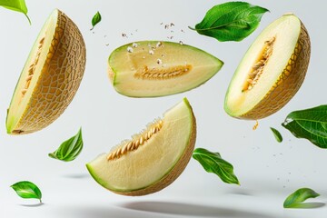 Wall Mural - Melon slices surrounded by fresh green leaves on a bright white background for a refreshing look