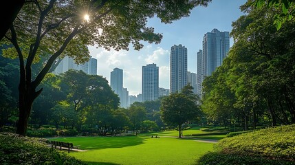 Poster - Public park and highrise buildings cityscape in metropolis city center  Green environment city and downtown business district in panoramic view : Generative AI
