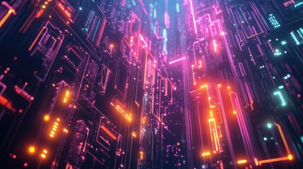 Vibrant abstract technology connections with illuminated nodes in a futuristic setting