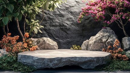 Poster - Front view of the stone podium showcases products in a garden with flowers plants and branches Empty platform : Generative AI