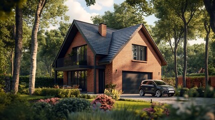 Aufkleber - Cozy family house with garden and garage outdoors : Generative AI