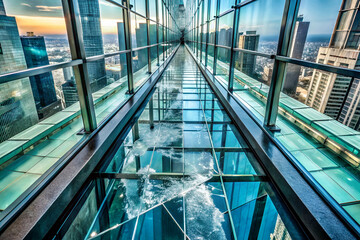 A glass walkway in a city with a view of the skyline. The walkway is surrounded by glass and is illuminated by the sun