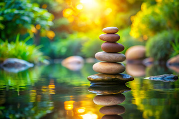 A stack of rocks is on top of a body of water. The water is calm and the rocks are arranged in a pyramid shape. The scene is peaceful and serene, with the rocks reflecting the sunlight on the water