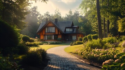 Aufkleber - A beautiful stylish house with a beautiful landscape and territory : Generative AI