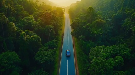 Poster - Adventure morning road trip in the forest aerial view of a car on deep jungle road On The Road Again concept : Generative AI