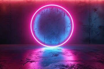 3d render, pink blue neon abstract background with glowing ring shape, ultraviolet light, laser show, wall reflection, round blank frame