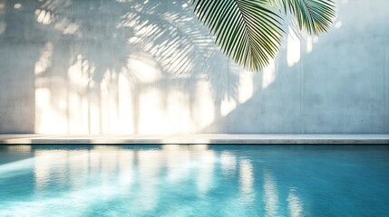 Aufkleber - Tropical summer background with concrete wall pool water and palm leaf shadow Luxury hotel resort exterior for product placement Outdoor vacation holiday house scene neutral architectu : Generative AI