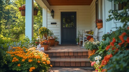 Aufkleber - Cozy entrance porch with flower pots and seating arrangement Northwest USA : Generative AI