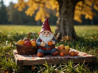 Wall Mural - Gnome setting up a picnic in a sunlit field with fall colors.