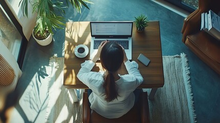 Poster - Top view young business woman in white shirt sitting at desk and working online on laptop while using smartphone On table cup of coffeeStudent learning online Girl shopping online chec : Generative AI