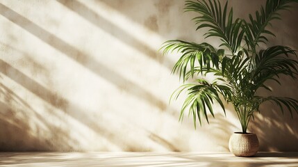 Leinwandbilder - Minimal product placement background with palm shadow on plaster wall Luxury summer architecture interior aesthetic Creative boho concept home product platform stage mockup : Generative AI