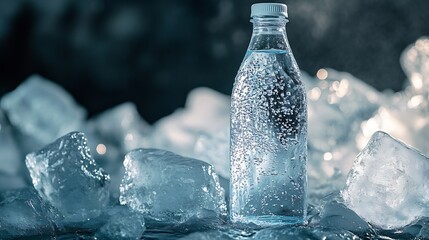 Poster - A glass bottle with cold natural drinking water stands on an ice podium against a background of transparent blocks of ice Advertising and branding of drinking fresh water : Generative AI