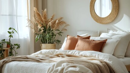 Poster - Stylish bedroom interior with large comfortable bed and mirror : Generative AI