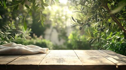 Aufkleber - Natural wooden table and organic cloth with olive tree plant Product placement mockup design background Outdoor tropical summer scene with rustic vintage countertop display : Generative AI