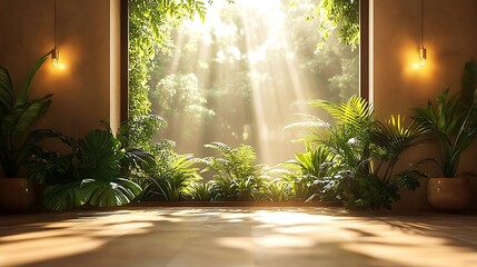 Sunlight shining through a window with lush green plants and a forest view