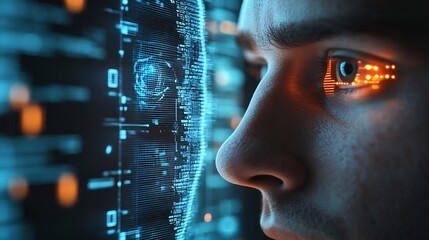 Leinwandbilder - Facial recognition biometric security system cyber security network technology data protection concept Businessman using digital tablet with face scanning unlocked to access personal d : Generative AI