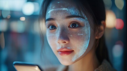Leinwandbilder - Asian using mobile smartphone scanning  face ID to unlock phone security access with facial recognition technology for biometric identification future home living luxury tech : Generative AI