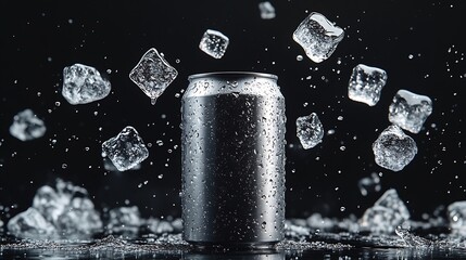 Poster - Empty aluminium can mockup with flying ice cubes and splash isolated on black background : Generative AI