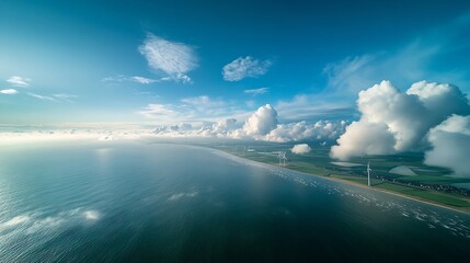 offshore windmill park with clouds and a blue sky windmill park in the ocean aerial view with wind turbine Flevoland Netherlands Ijsselmeer Green energy : Generative AI