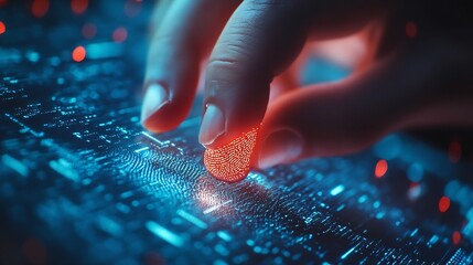 Leinwandbilder - Cyber security online banking data protection Businessman using fingerprint indentity and face id to access personal financial data biometrics security on mobile banking app innovation : Generative AI