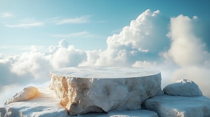 Surreal natural rough white beige mable stone podium on cloud mountain nature landscape background with spaceCosmetic beauty product placement pedestal rock stand displayminimal dreamy : Generative AI