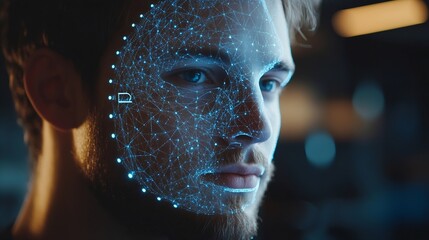 Leinwandbilder - Facial recognition biometric security system cyber security network technology data protection concept Man using mobile phone with face scanning unlocked to access personal data and ne : Generative AI