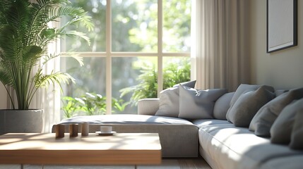 Interior of light living room with grey sofa coffee table and big window : Generative AI