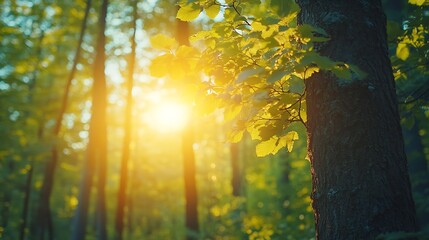 Poster - Spring Sun Shining Through Canopy Of Tall Trees Woods Sunlight In Forest Summer Nature Upper Branches Of Trees Background Nobody Environment concept : Generative AI