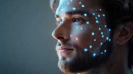 Leinwandbilder - Facial recognition system Man with digital biometric grid and personal data on grey background : Generative AI