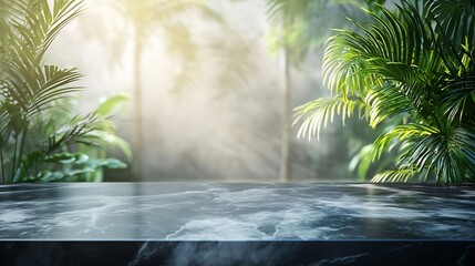 Poster - Empty black marble table and tropical plant behind textured glass panel Home interior showroom background  Luxury tabletop counter product placement montage : Generative AI