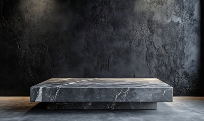 Wall Mural -  3D product table in an empty studio against a black wall. Podium for presentation. Concrete dark surface. Marble luxury countertop mockup. 