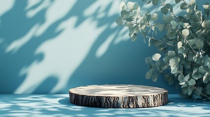 Leinwandbilder - Abstract empty Wood slice podium with eucalyptus leaves and shadows on blue background Mock up stand for product presentation 3D Render Minimal concept Advertising template : Generative AI