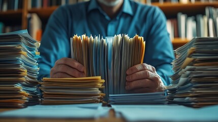 Fototapete - Businessman look up documents and sort items for efficient document management organizing organizational information document visualization record management online document file infor : Generative AI