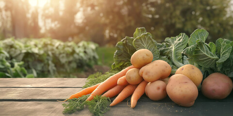 Fresh vegetables on a wooden table, colorful organic food background. Concept: agriculture, farmers market, restaurant website or menu, grocery store, healthy vegan diet based on vegetables and fruits