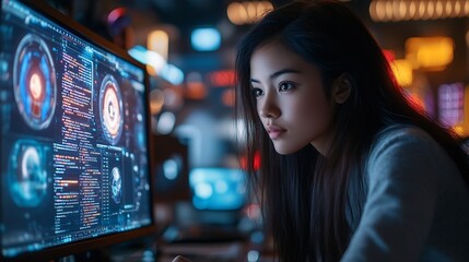 Aufkleber - Female Asian Game Programmer Coding On Desktop Computer In Game Development Studio Diverse Office Focused Woman Writes Lines Of Code Does AI Engineering For New Immersive 3D Survival V : Generative AI