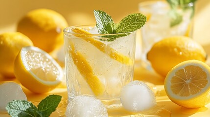Aufkleber - A  cold lemonade in a glass with lemon mint and ice on a yellow and white background The concept of a refreshing and healthy drink on a summer day Copy space : Generative AI