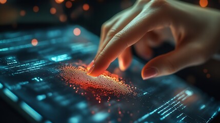 Fototapete - Biometric security network privacy data protection Woman fingerprint identification on mobile phone to access personal financial data mobile banking app cyber security technology data  : Generative AI