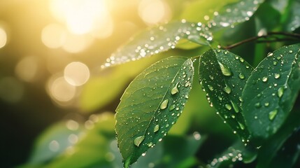 Large beautiful drops of transparent rain water on a green leaf macro Drops of dew in the morning glow in the sun Beautiful leaf texture in nature Natural background : Generative AI