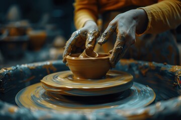 An old man is making pottery in a clay bowl, generative ai image