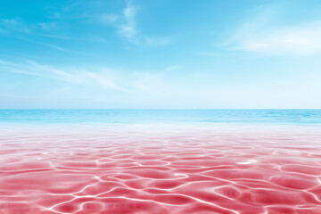 Crystal clear pink water under a bright sky at an idyllic beach on a sunny afternoon