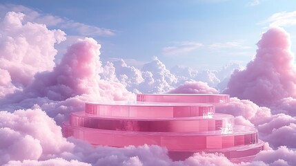 Aufkleber - Front view of transparent podium decorated with pinky cloudy sky background abstract content : Generative AI