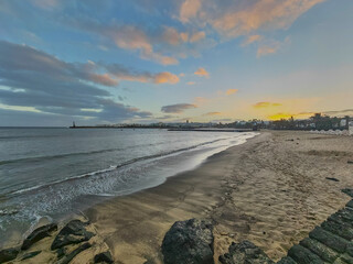 Sunset over the Atlantic Ocean in Costa Teguise, Lanzarote Spain