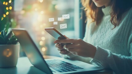 Leinwandbilder - Business person reading emails on smartphone and laptop computer screen online communication and marketing concept : Generative AI